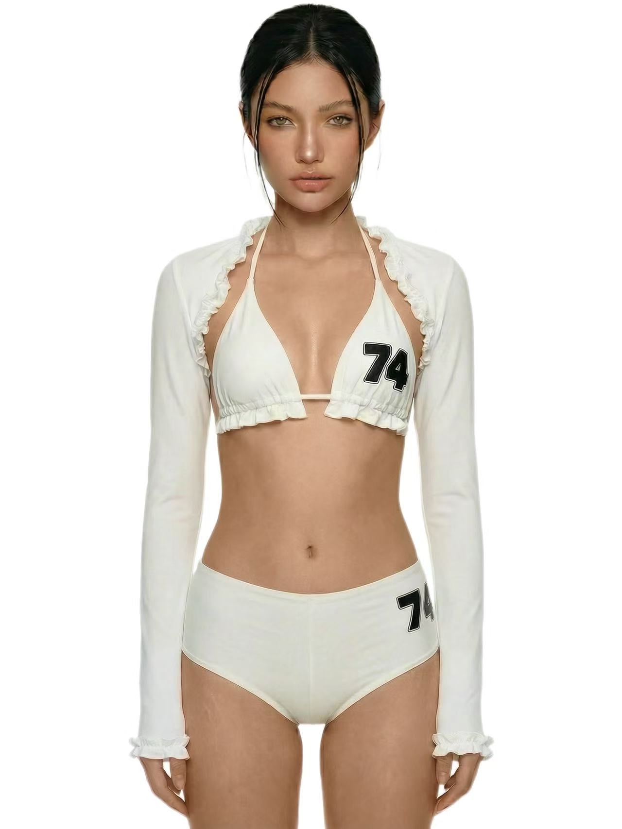 White Halter Triangle Boyshorts Bikini Set with Cropped Long-Sleeve Coverup