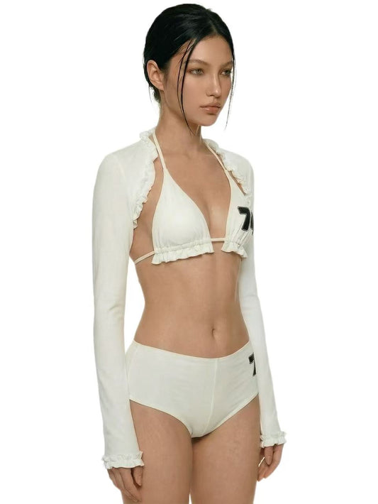 White Halter Triangle Boyshorts Bikini Set with Cropped Long-Sleeve Coverup