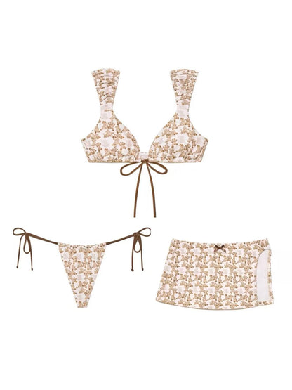 Cocoa Brown Teddy Bear Print 3-Piece Bikini Set