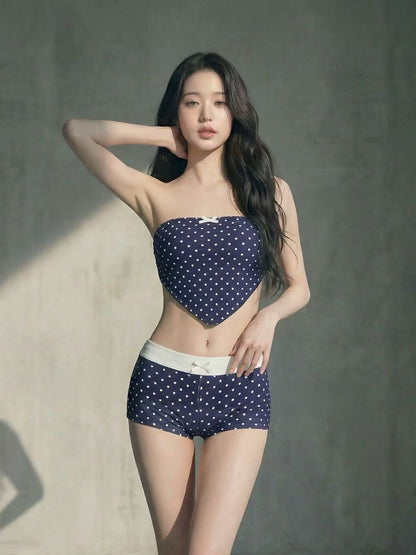 Navy Polka Dot Scarf Bandeau Bikini Set with Sailor Hat