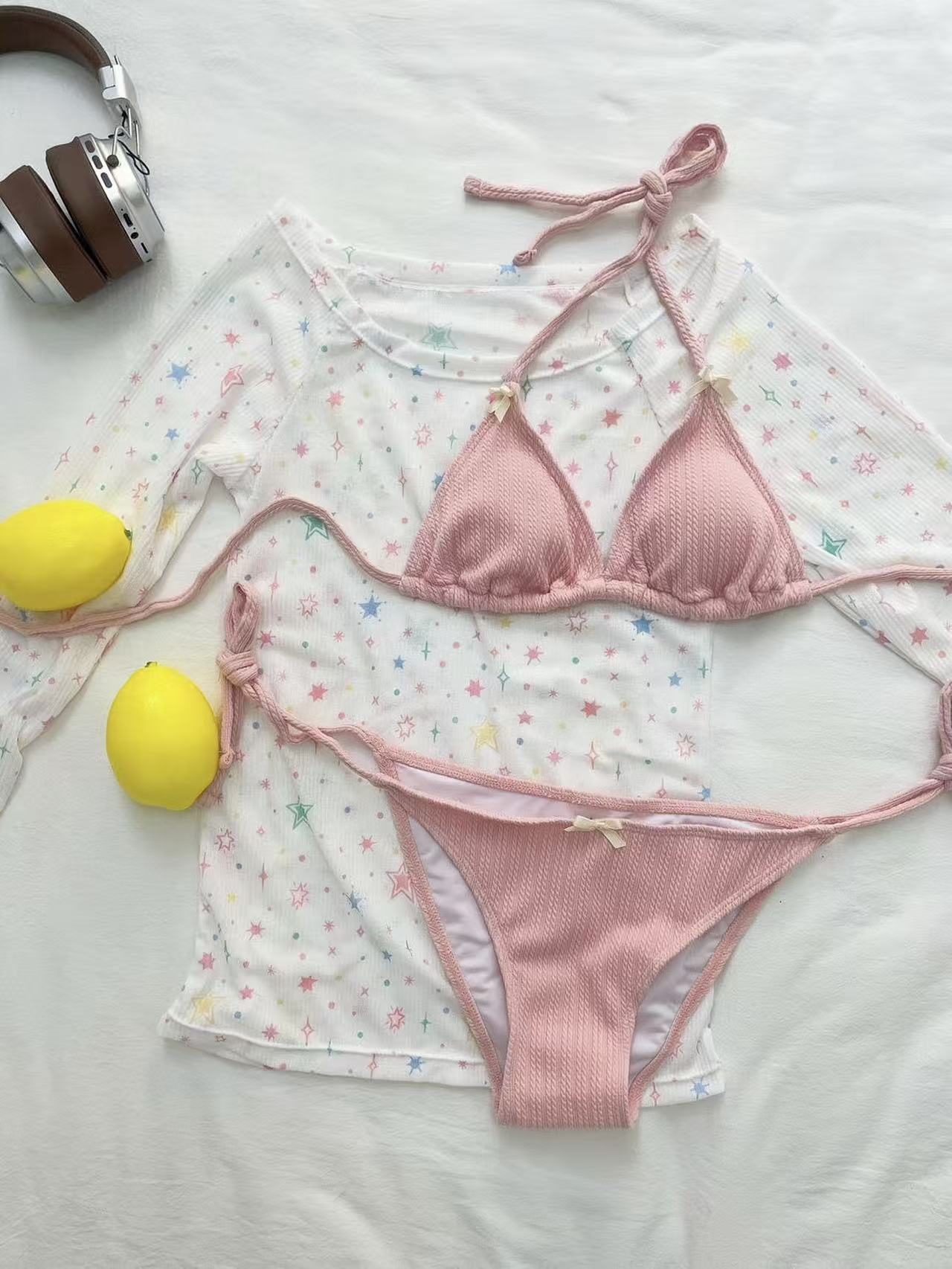 Sweetie Pink Triangle Bikini Set with Coverup
