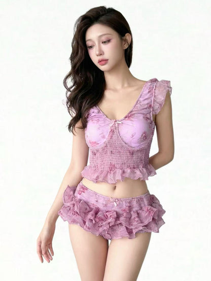 Lavender Purple Floral Print Tankini Set