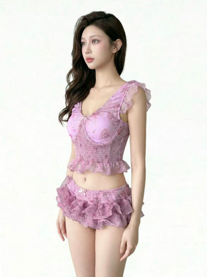 Lavender Purple Floral Print Tankini Set