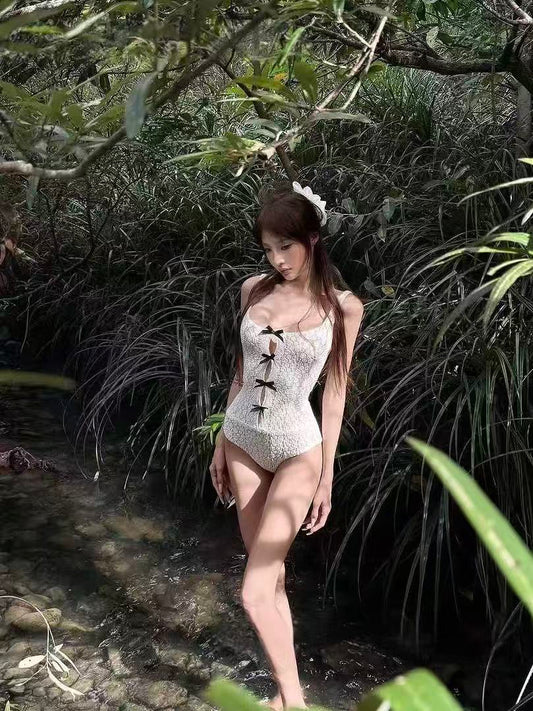 Bowknot Lace Textured Swimsuit with Skirt