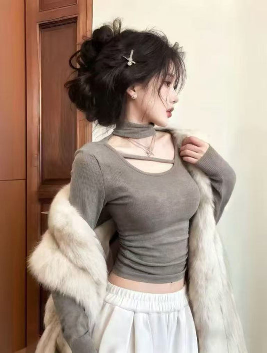 Grey Cut-Out Long Sleeve Top