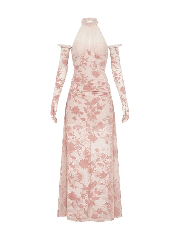 Lune Velvet Halter Tie-Back Floral Corset Maxi Dress with Matching Sleeves