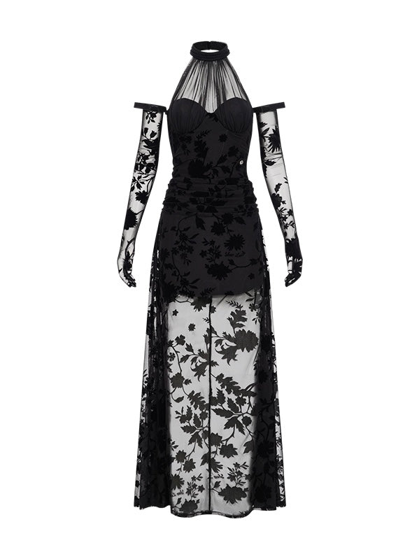 Lune Velvet Halter Tie-Back Floral Corset Maxi Dress with Matching Sleeves