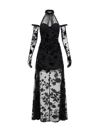 Lune Velvet Halter Tie-Back Floral Corset Maxi Dress with Matching Sleeves