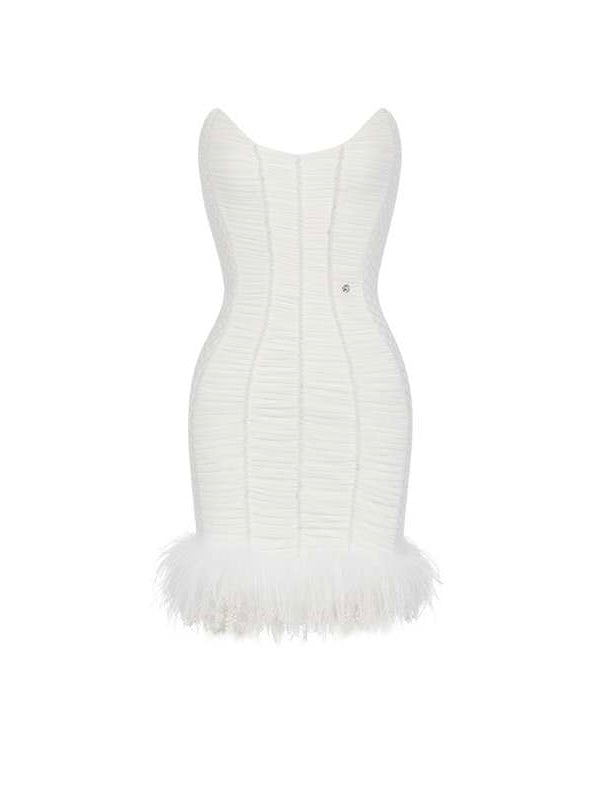 【Pre-Order】Clair Pearl Rhinestone Faux Fur Strapless Bodycon Mini Dress
