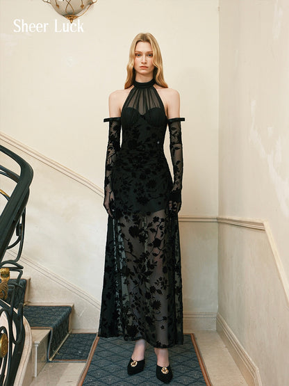 Lune Velvet Halter Tie-Back Floral Corset Maxi Dress with Matching Sleeves