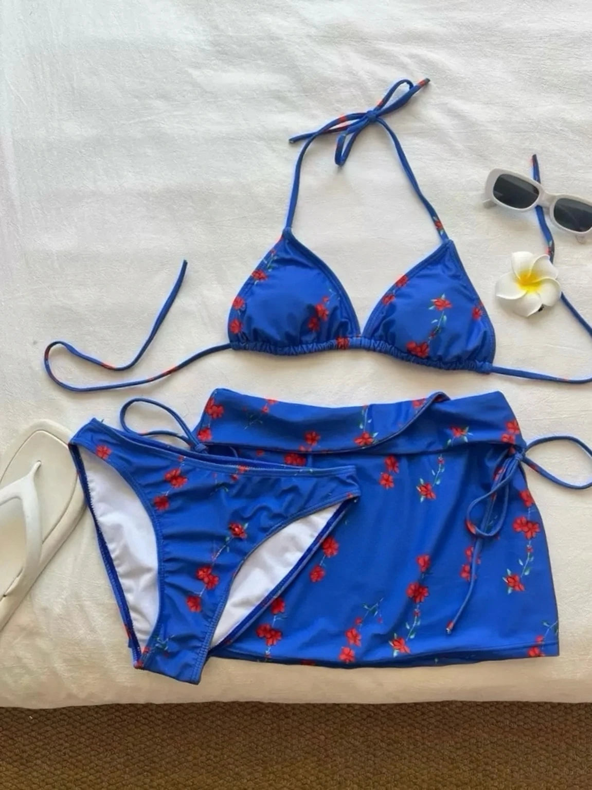 Klein Blue Blossom Triangle Bikini Set with Mini Skirt and Top