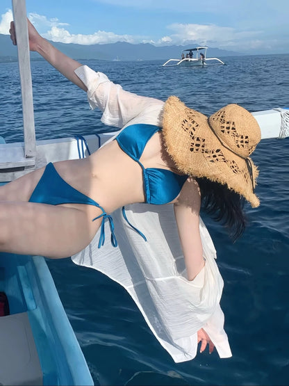 Royal Blue Satin Triangle Bikini Set