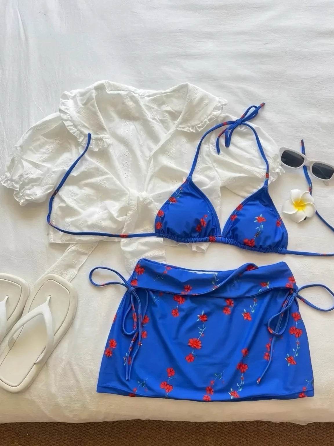 Klein Blue Blossom Triangle Bikini Set with Mini Skirt and Top