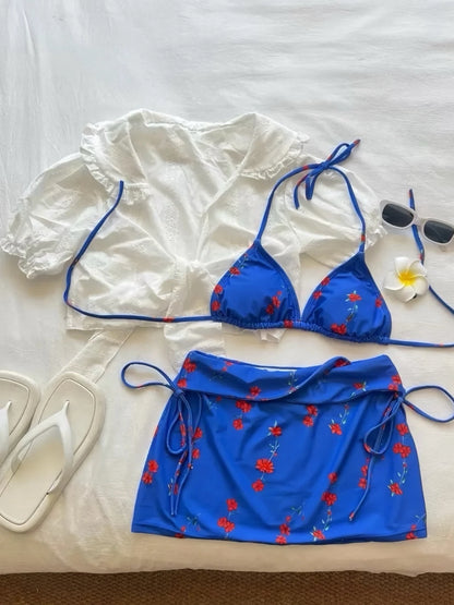 Klein Blue Blossom Triangle Bikini Set with Mini Skirt and Top