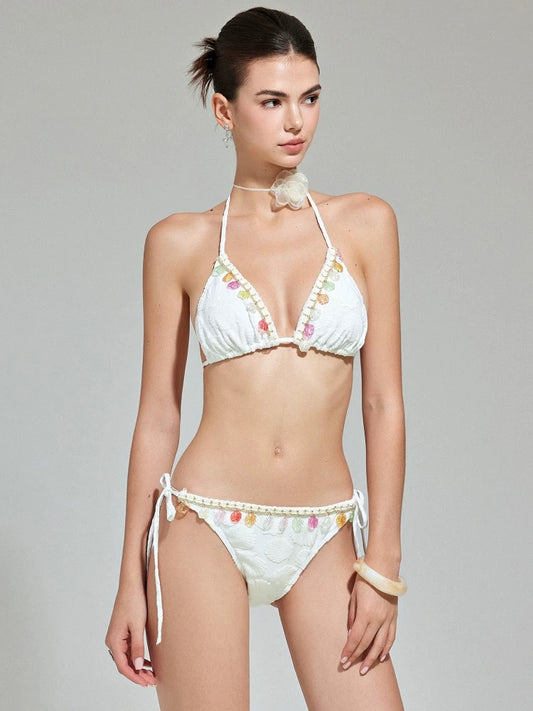 White Floral Texture Triangle Bikini Set with Fishnet Sarong