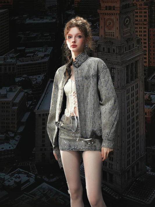 Tut Tuto American Vintage Washed Distressed Denim Jacket & Skirt