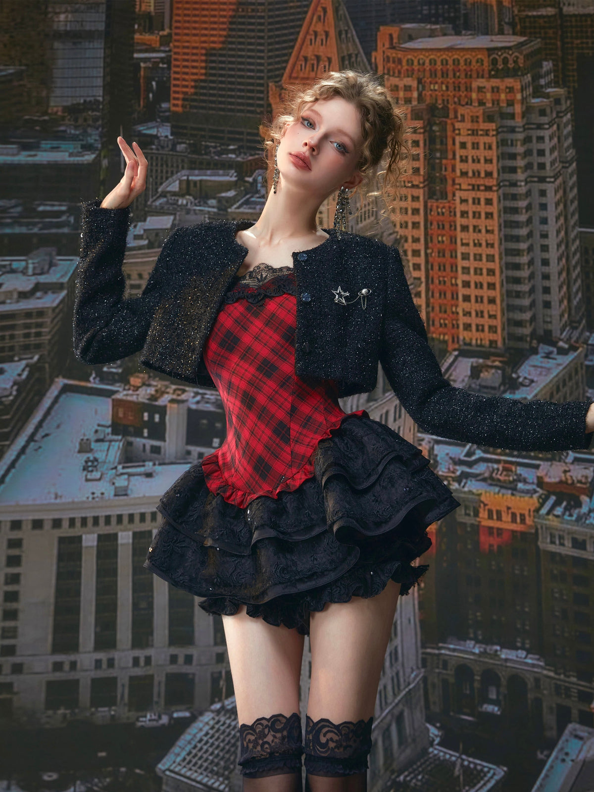 Tut Tuto Plaid Puffy Lace Mini Dress & Jacket