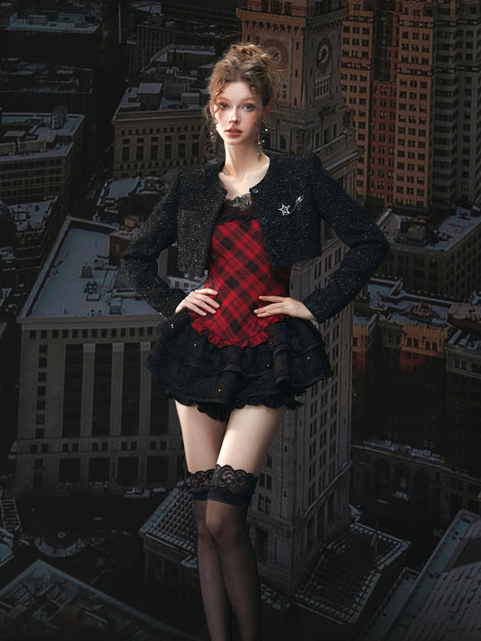 Tut Tuto Plaid Puffy Lace Mini Dress & Jacket