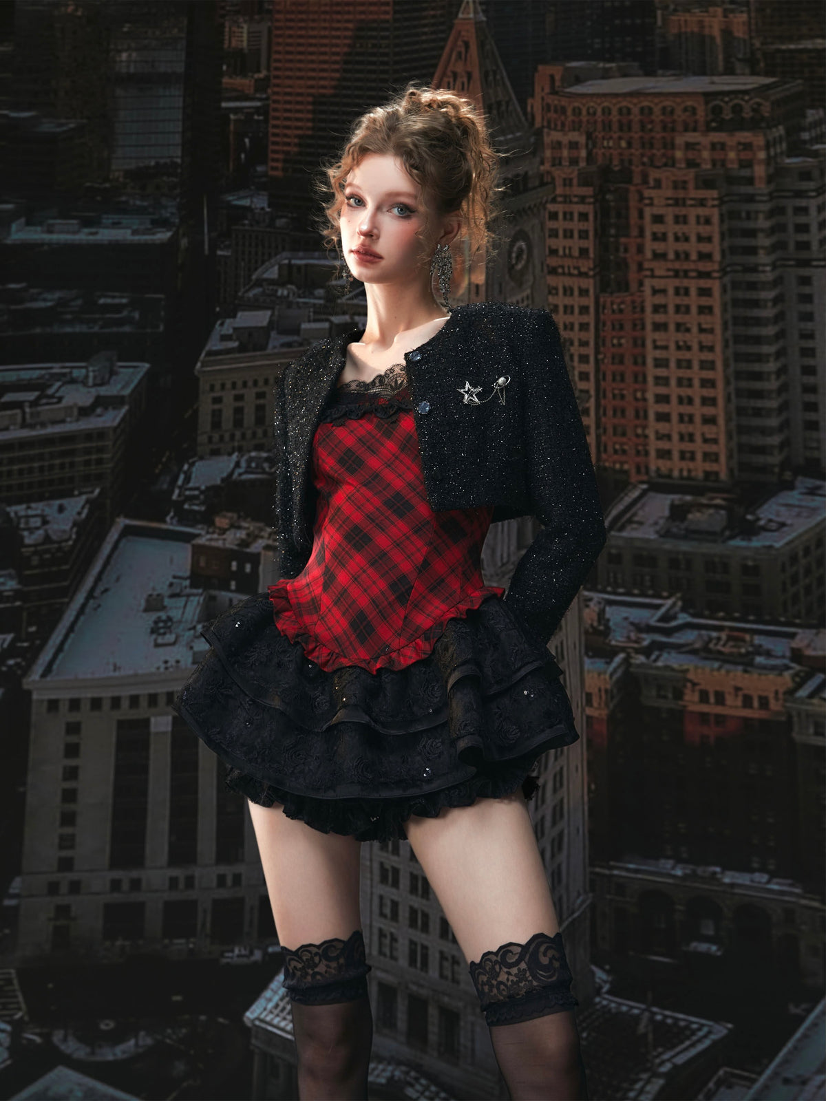 Tut Tuto Plaid Puffy Lace Mini Dress & Jacket