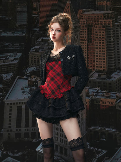 Tut Tuto Plaid Puffy Lace Mini Dress & Jacket