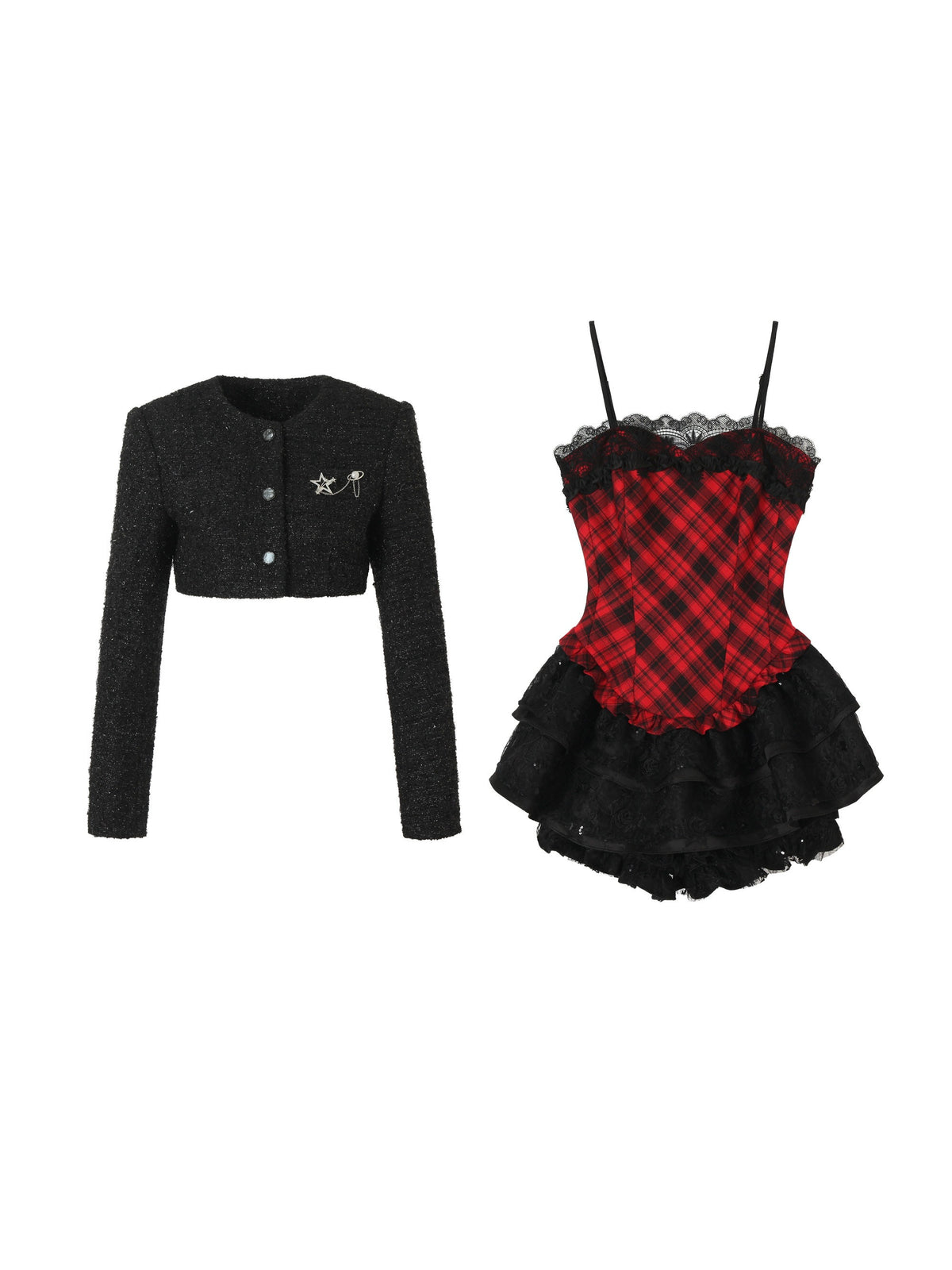 Tut Tuto Plaid Puffy Lace Mini Dress & Jacket