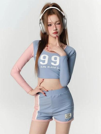 Jeong Pink & Blue 3-Piece Swimsuit Set – Long Sleeve Crop Top, Bikini Bottom & Shorts