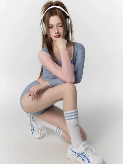 Jeong Pink & Blue 3-Piece Swimsuit Set – Long Sleeve Crop Top, Bikini Bottom & Shorts