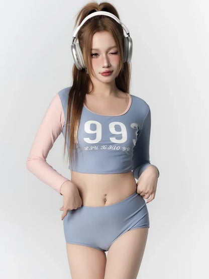 Jeong Pink & Blue 3-Piece Swimsuit Set – Long Sleeve Crop Top, Bikini Bottom & Shorts