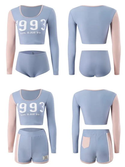 Jeong Pink & Blue 3-Piece Swimsuit Set – Long Sleeve Crop Top, Bikini Bottom & Shorts