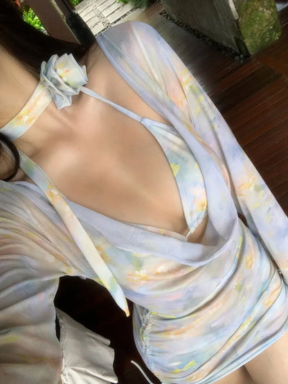 Monet Daydream 4-Piece Bikini Set - Watercolour Pastel Bikini, Cover-Up & Neck Ribbon