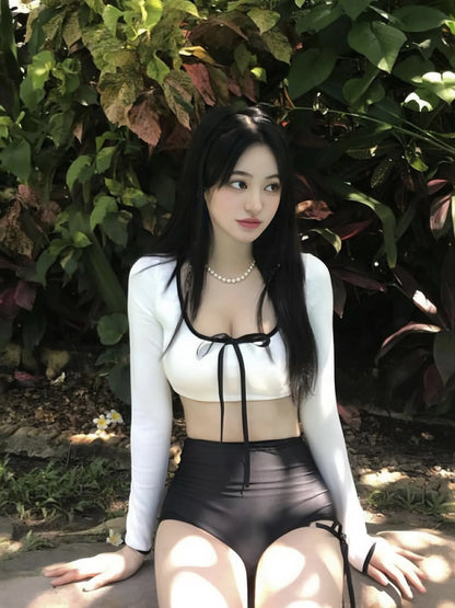 Nora Black & White 2-Piece Swimsuit Set – Tie Front Bikini Top & High-Waisted Bottoms