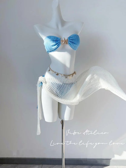 Oceana Charm Blue 4-Piece Bikini Set – Crochet Maxi Cover-Up & Shell Waist Chain