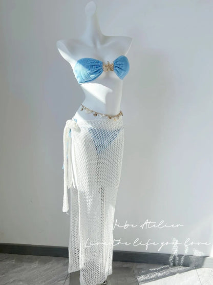 Oceana Charm Blue 4-Piece Bikini Set – Crochet Maxi Cover-Up & Shell Waist Chain