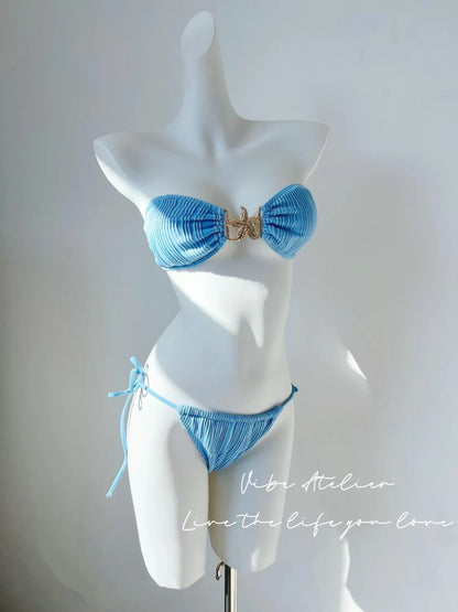 Oceana Charm Blue 4-Piece Bikini Set – Crochet Maxi Cover-Up & Shell Waist Chain