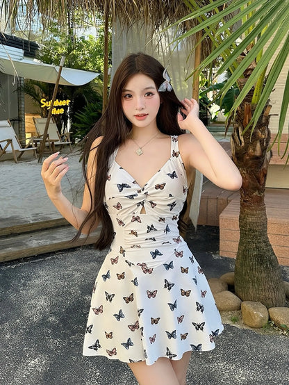 Papillon Swim Dress — Butterfly Print & Sweetheart Neckline