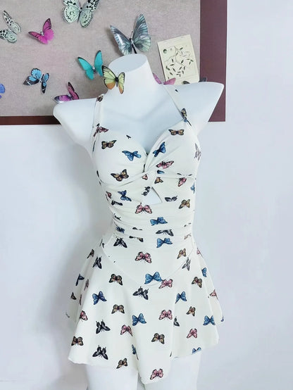 Papillon Swim Dress — Butterfly Print & Sweetheart Neckline