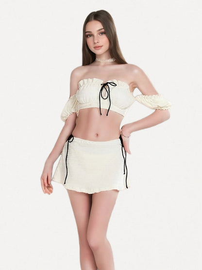 Poésie Blanche Velvet Cream 3-Piece Bikini Set - Puff Sleeve Crop Top, Ruched Mini Skirt & Bikini Bottom