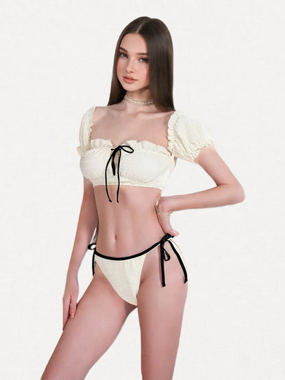 Poésie Blanche Velvet Cream 3-Piece Bikini Set - Puff Sleeve Crop Top, Ruched Mini Skirt & Bikini Bottom
