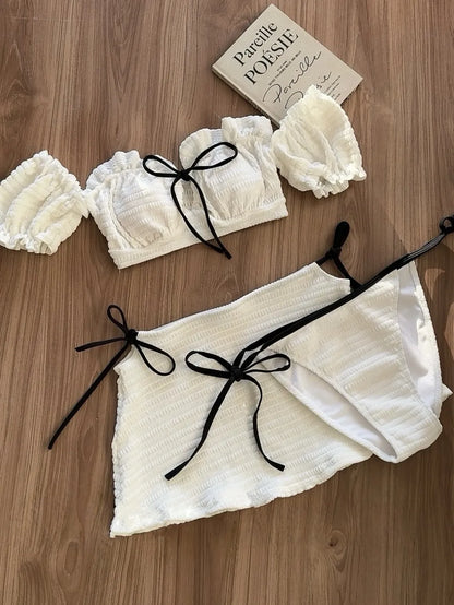 Poésie Blanche Velvet Cream 3-Piece Bikini Set - Puff Sleeve Crop Top, Ruched Mini Skirt & Bikini Bottom