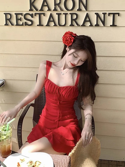 Red Reviera Ruched Swim Dress With Floral Hair Clip