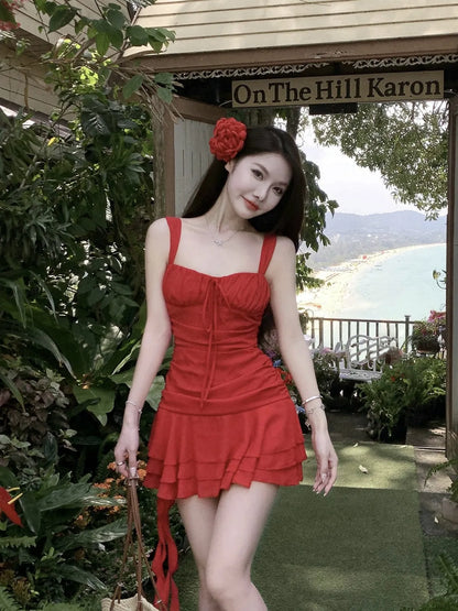 Red Reviera Ruched Swim Dress With Floral Hair Clip