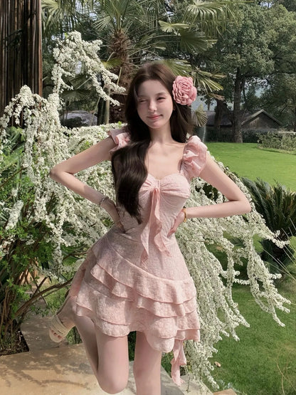 Sakura Pink One-Piece Swimsuit  — Floral Embroidery with Ruffle Hem & Underwire