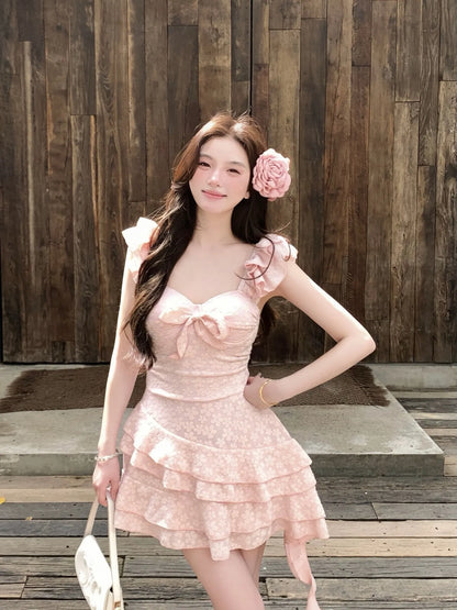 Sakura Pink One-Piece Swimsuit  — Floral Embroidery with Ruffle Hem & Underwire