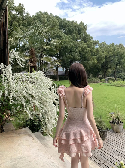 Sakura Pink One-Piece Swimsuit  — Floral Embroidery with Ruffle Hem & Underwire