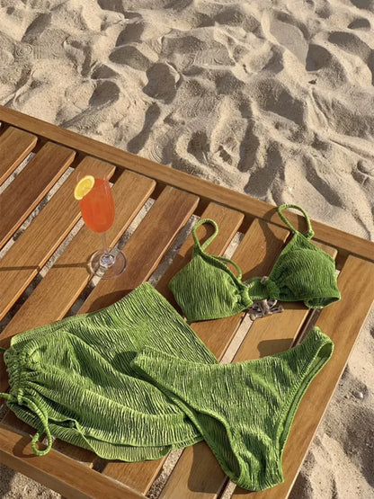 Velvet Avocado Green 3-Piece Bikini Set – Triangle Top, Ruched Bottoms & Drawstring Mini Skirt