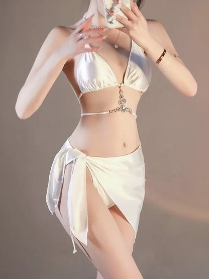 White Diamanté 3-Piece Bikini Set - Satin Luxe Bikini & Sarong