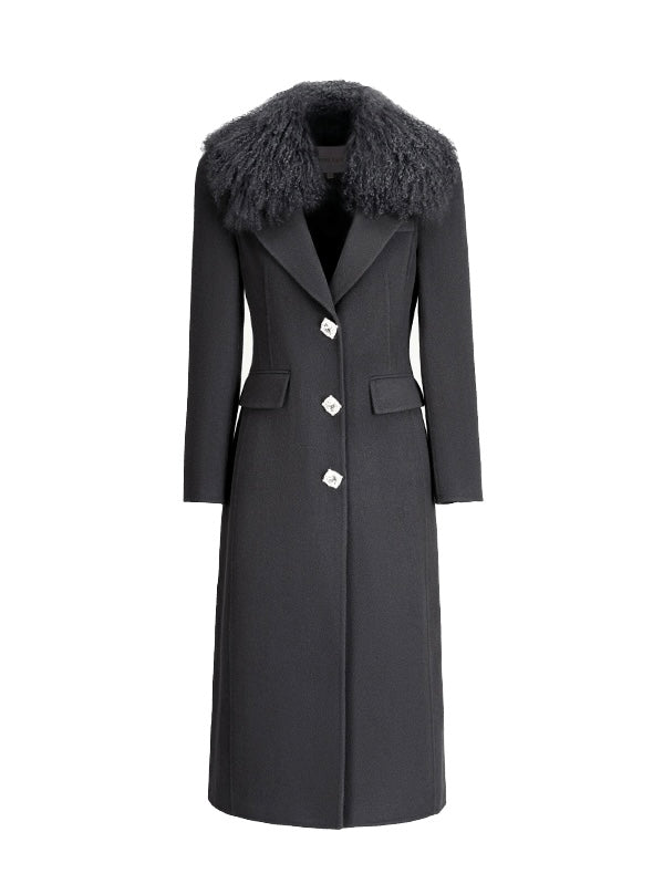 Nata Wool Coat with Detachable Fur Collar and Rhinestone Buttons
