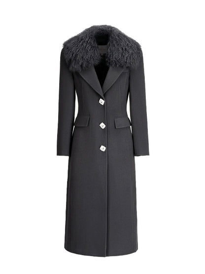 Nata Wool Coat with Detachable Fur Collar and Rhinestone Buttons